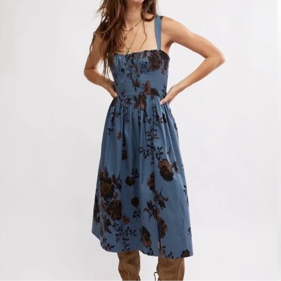 Free People Dresses & Skirts - FREE PEOPLE Laters Baby Midi Dress Floral Blue Women’s NWT - Size XLarge